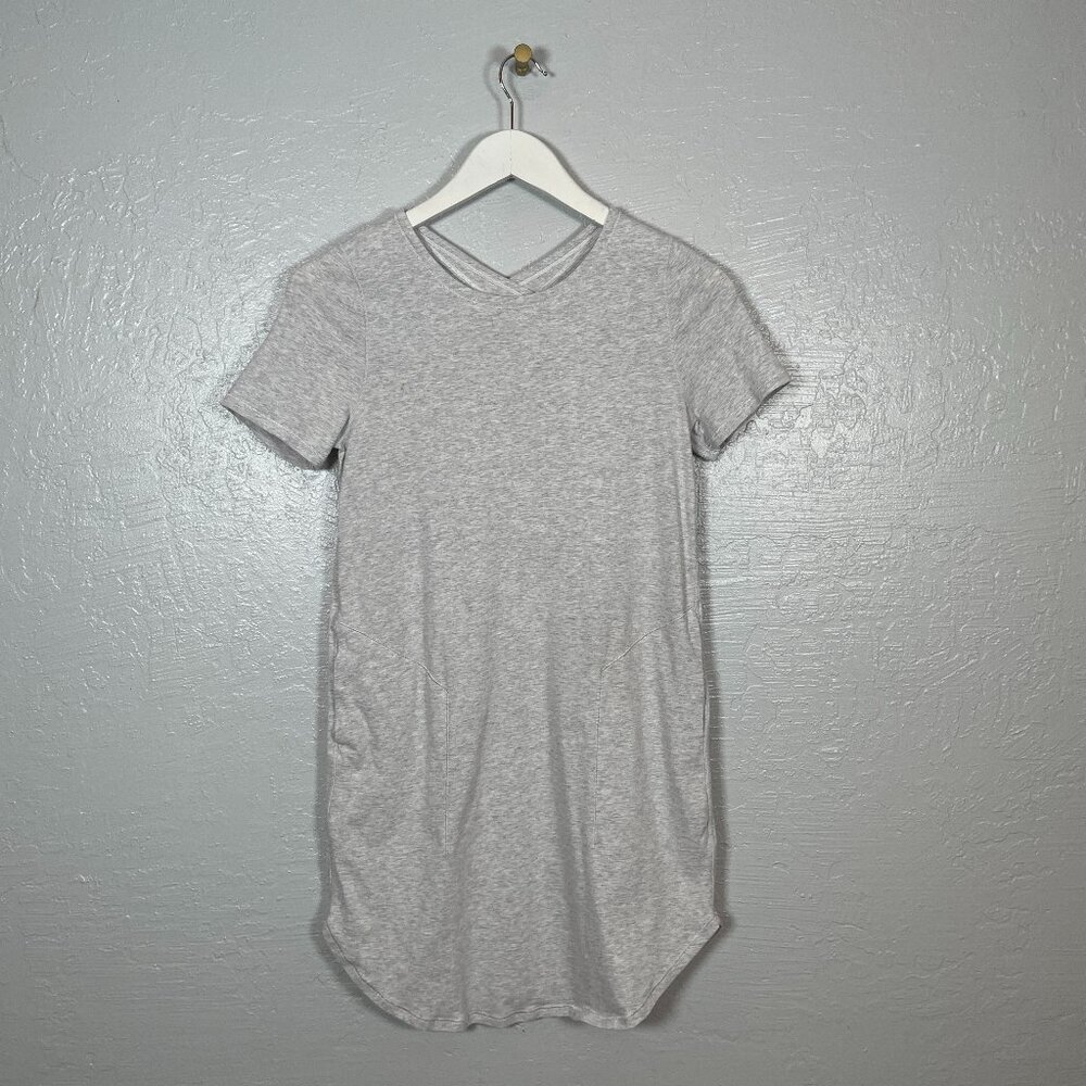 Ivivva Girls 14 Heather Gray Tunic Dress Shirt Short Sleeve Pockets Back Cutout